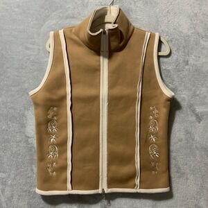 SDI Women's Tan Embroidered Fleece Lined Vest Large Full Zip Mock Neck Boho Cozy